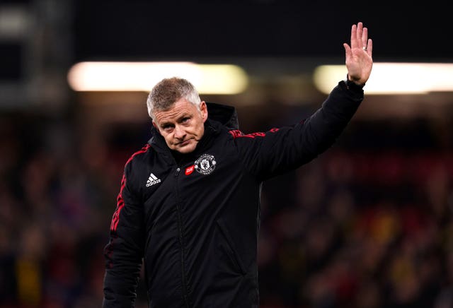 Solskjaer applauds the fans after the final whistle on a 4-1 thrashing at Watford, his last game in charge