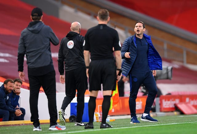 Frank Lampard shouts towards the Liverpool bench