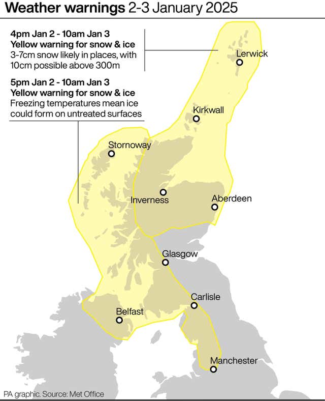 Graphic showing weather warnings for January 2-3 2025