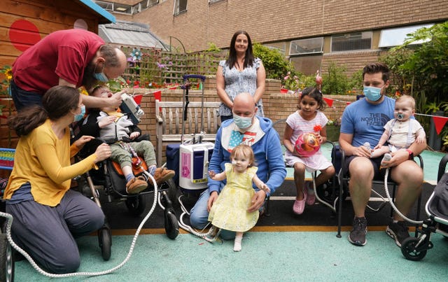Left to right, Ethan Mains, three, Beatrix-Adamson-Archbold, 18 months , Nour Hussein, eight, and one-year-old Luke Myles, patients on Ward 23 at the Freeman Hospital in High Heaton, Newcastle Upon Tyne, who are in need of a heart donor 