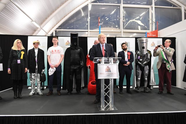 Prime Minister Boris Johnson giving his victory speech after winning the Uxbridge & Ruislip South constituency (Stefan Rousseau/PA)