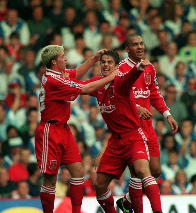 Liverpool's Robbie Fowler, Jamie Redknapp and Stan Collymore celebrate