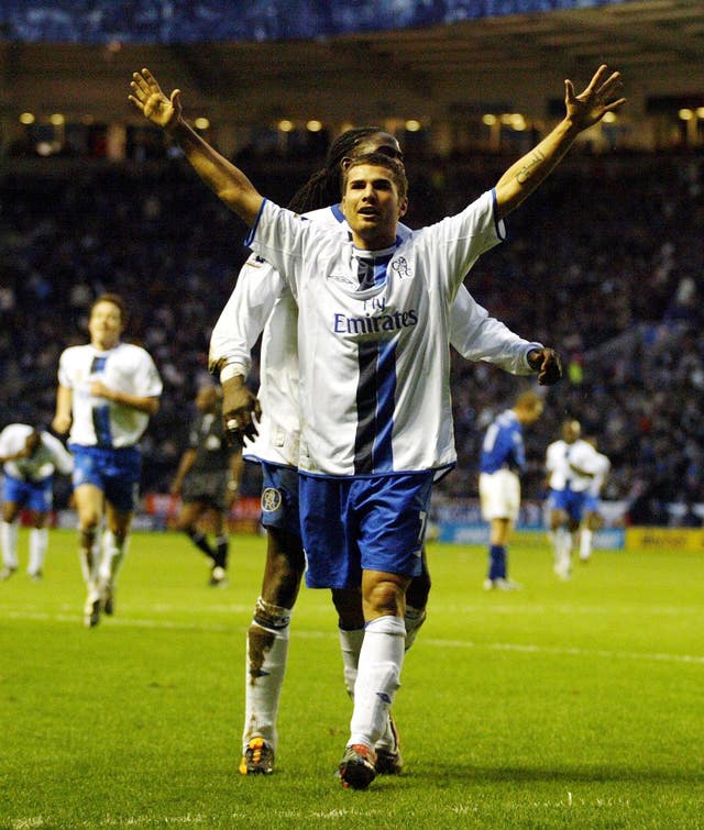 Adrian Mutu celebrates scoring a goal for Chelsea