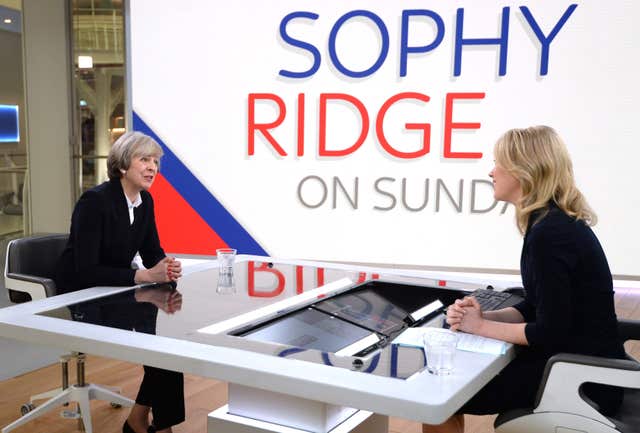 The then prime minister Theresa May (left) is interviewed by Sophy Ridge on Sky News