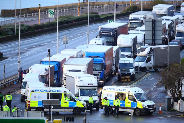 Police control the movements of vehicles at the entrance to the Port of Dover 