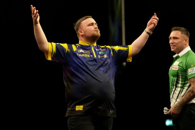 Luke Littler (left) reacts during the final against Gerwyn Price on night seven of the Premier League in Dublin