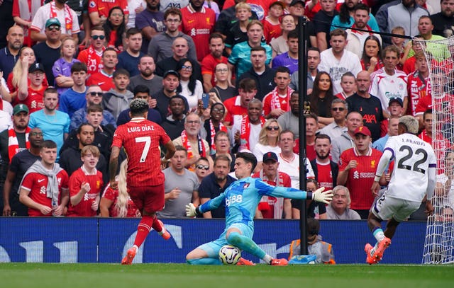 Liverpool winger Luis Diaz fires in a goal with his left foot 