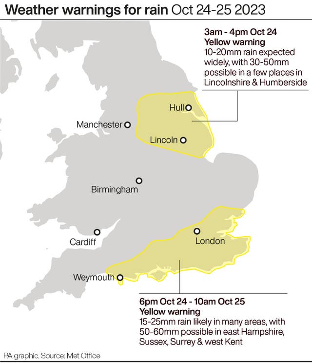 Weather warnings for rain Oct 24-25 2023