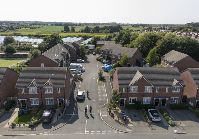 Drone view of police activity on Old School Close in the village of Banks, Lancashire, where Axel Rudakubana 