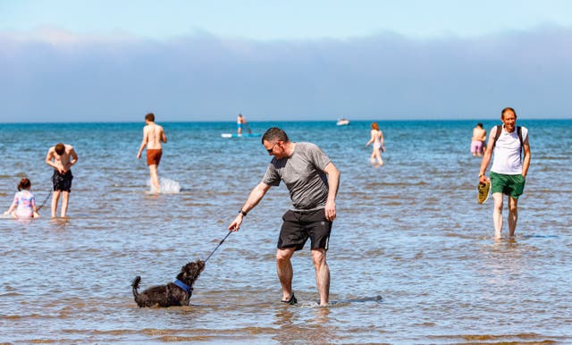 A man enjoys the good weather with his dog at Seapoint beach in South Dublin on Sunday