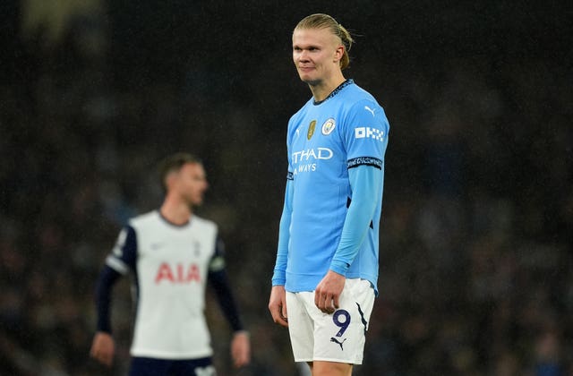 Erling Haaland looks frustrated after missing a chance in Manchester City's loss to Tottenham