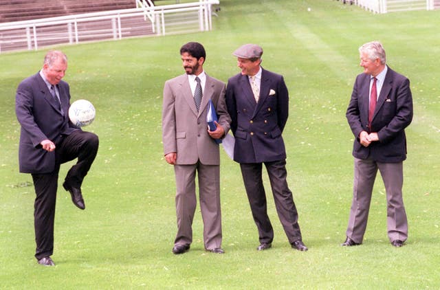 Mick Channon (far left) attempts to get fellow trainers (left to right) Saeed bin Suroor, Ben Hanbury and David Elsworth into the spirit of the 1998 World Cup as they inspect the course and new facilities at Royal Ascot