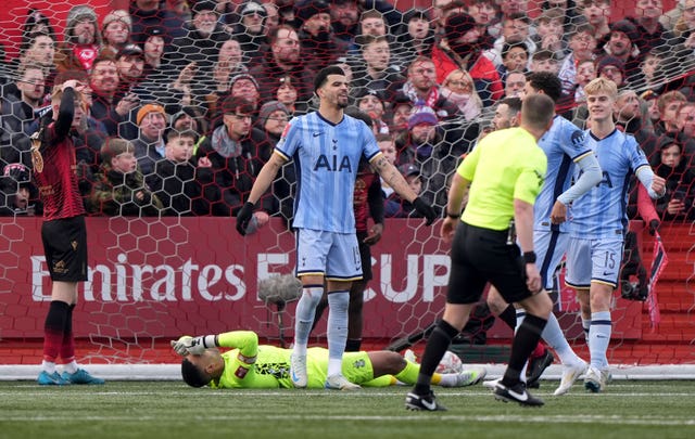 Tottenham’s Dominic Solanke (centre) celebrates their first goal at Tamworth