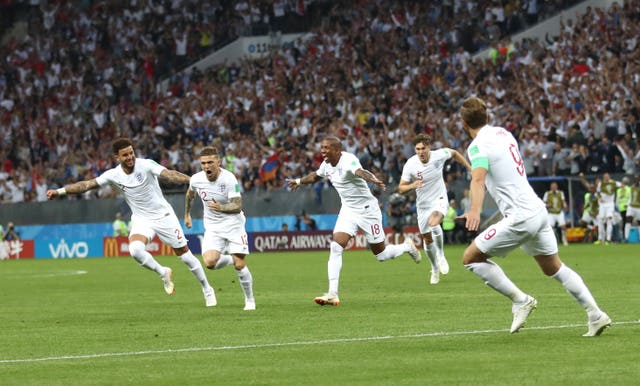 Kieran Trippier celebrates his free-kick in the 2018 World Cup semi-final 
