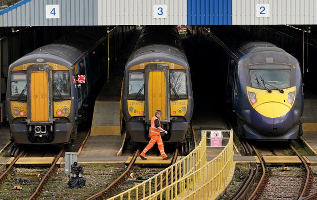 Southeastern trains in sidings at Ramsgate station in Kent during a strike by train drivers
