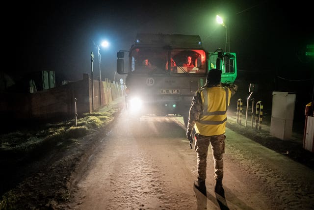 A British military vehicles arrives at a Hungarian military base