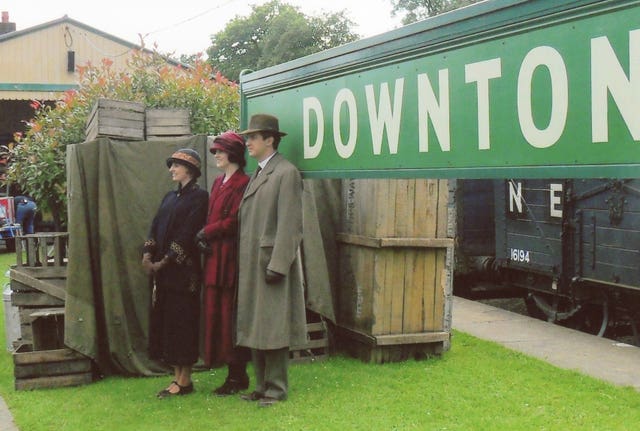 Downton Abbey cast members during filming 