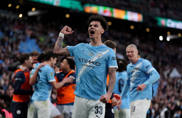 Manchester City’s Nico O’Reilly celebrates scoring his first goal in the Carabao Cup final