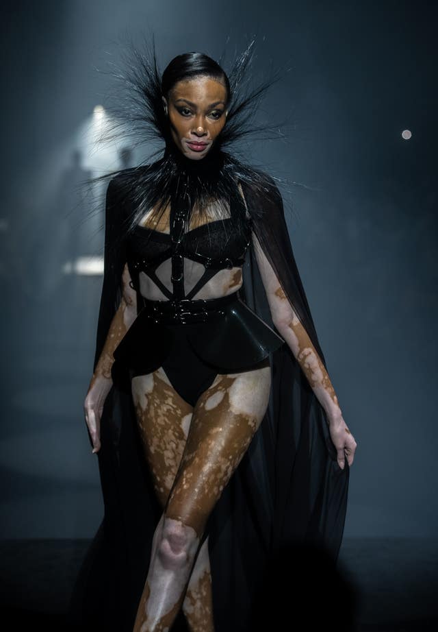 Winnie Harlow on the catwalk during the Julien MacDonald show 