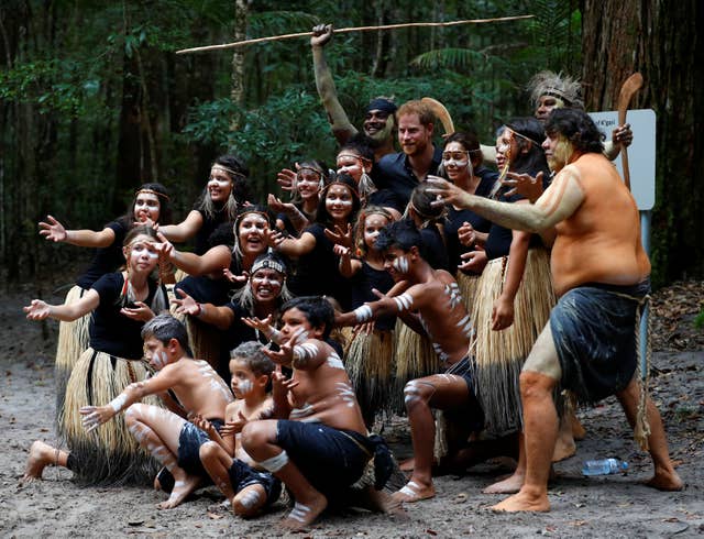 The Duke of Sussex poses for a photo with Butchulla People (Phil Noble/PA)