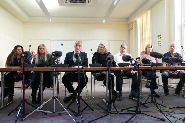 Relatives of the victims at a press conference following the conclusion of inquests into their deaths on Friday