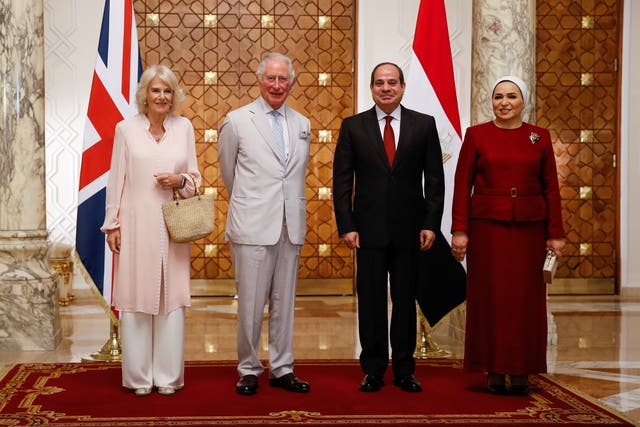 The Duchess of Cornwall and the Prince of Wales meet the President of Egypt, Abdel Fattah el-Sisi, and the First Lady, Entissar Amer, at Al-Ittahadiya Palace in Cairo