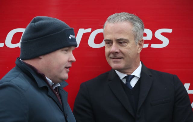 Gordon Elliot (left) and owner Chris Jones following Mala Beach's triumph