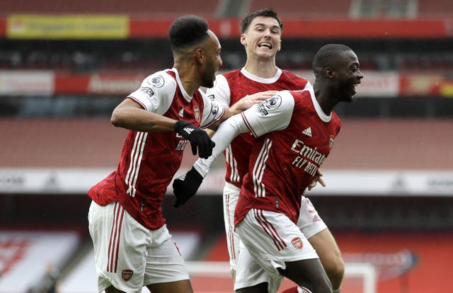 Nicolas Pepe (right) scored Arsenal's last Premier League goal from open play in the win over Sheffield United on October 4.