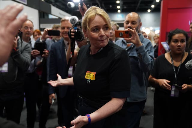 Sharon Graham speaks to the media during the 2024 Labour Party Conference