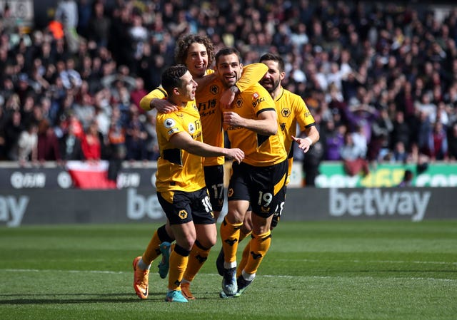 Jonny Castro Otto celebrates with his team-mates after netting against Aston Villa