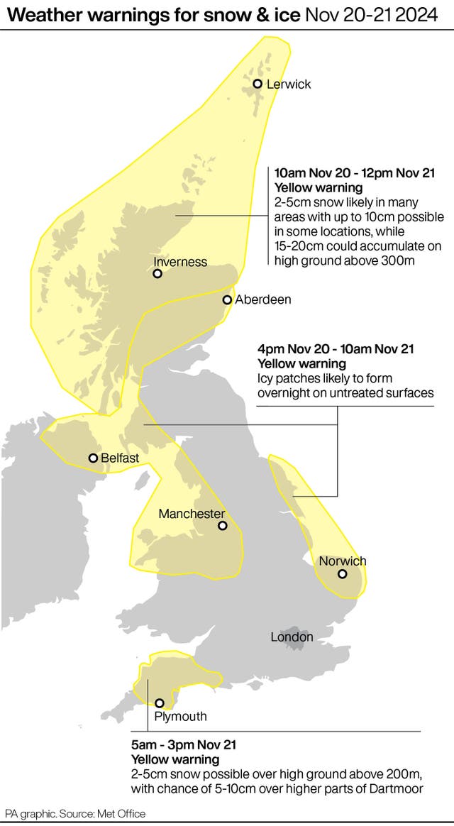 Weather warnings for snow & ice Nov 20-21 2024