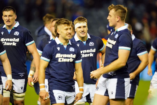 Scotland’s Freddy Douglas (centre) and team-mates after the final whistle 