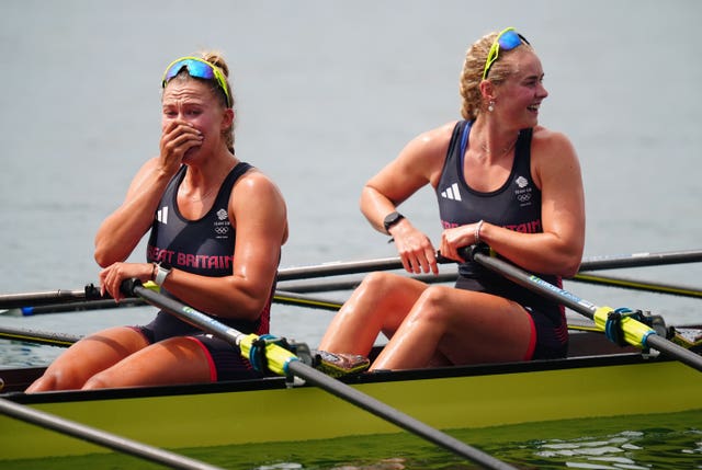 Great Britain's Lola Anderson (left) and Hannah Scott celebrate following the Women’s Quadruple Sculls Final at the Vaires-sur-Marne Nautical Stadium on the fifth day of the 2024 Paris Olympic Games in France. 