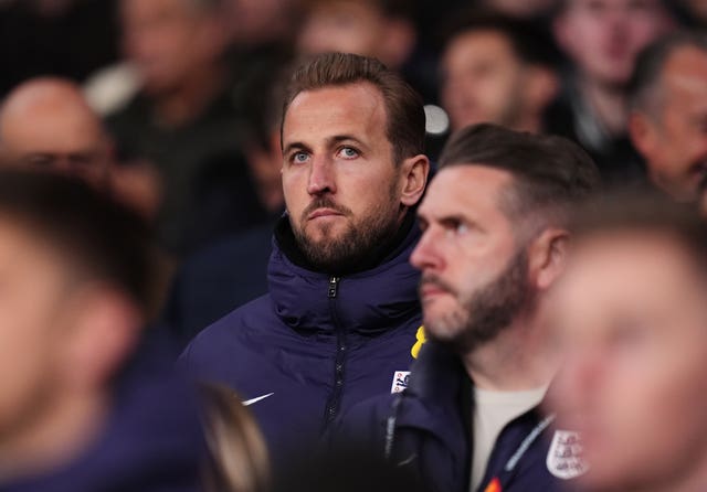 England captain Harry Kane in the stands for the match against Greece