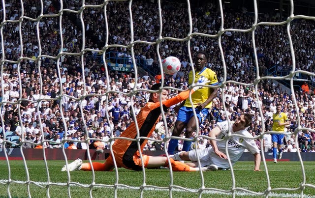 Brighton and Hove Albion’s Danny Welbeck scores their side’s first goal of the game during the Premier League match at Elland Road, Leeds. Picture date: Sunday May 15, 2022