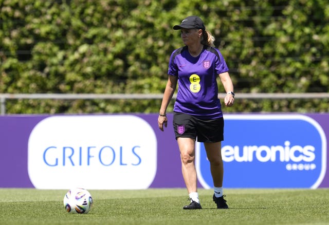 England head coach Sarina Wiegman during a training session at Sportanlage Au in Opfikon, Switzerland. 