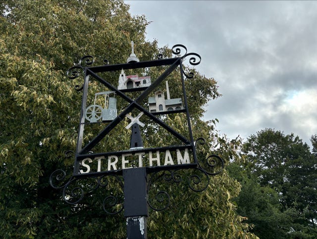 A view of the sign for the village of Stretham in Cambridgeshire