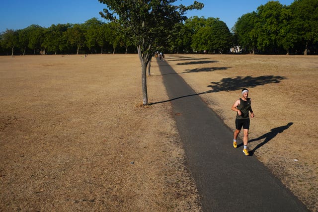 A person jogging on a path amongst dead grass in Victoria Park