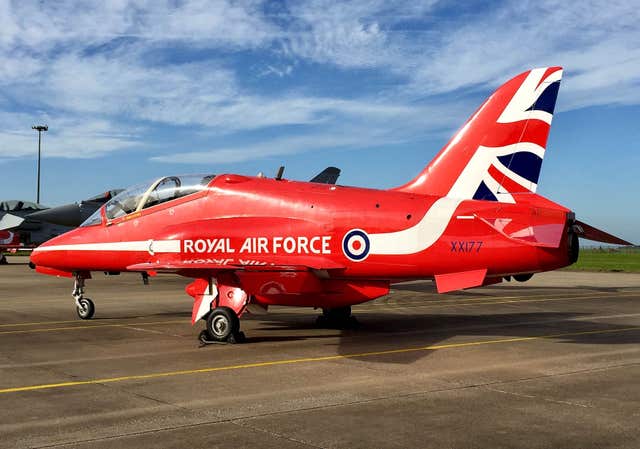 A Red Arrows Hawk TMk1 XX177 at RAF Scampton (Alex Britton/PA)