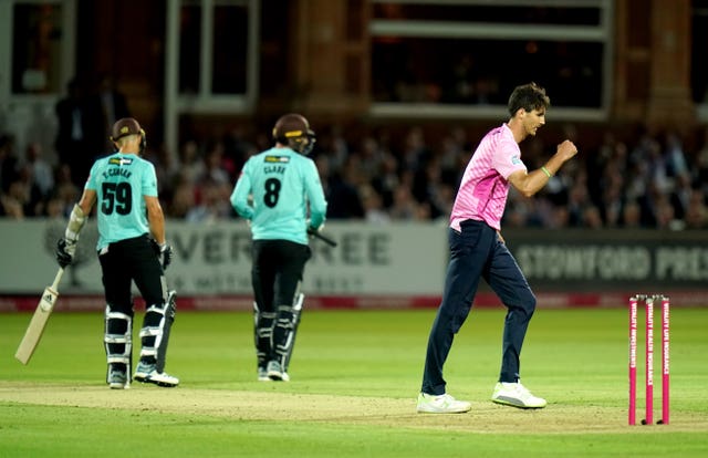 Steven Finn celebrates dismissing Surrey's Tom Curran during a Vitality Blast match at Lord's 