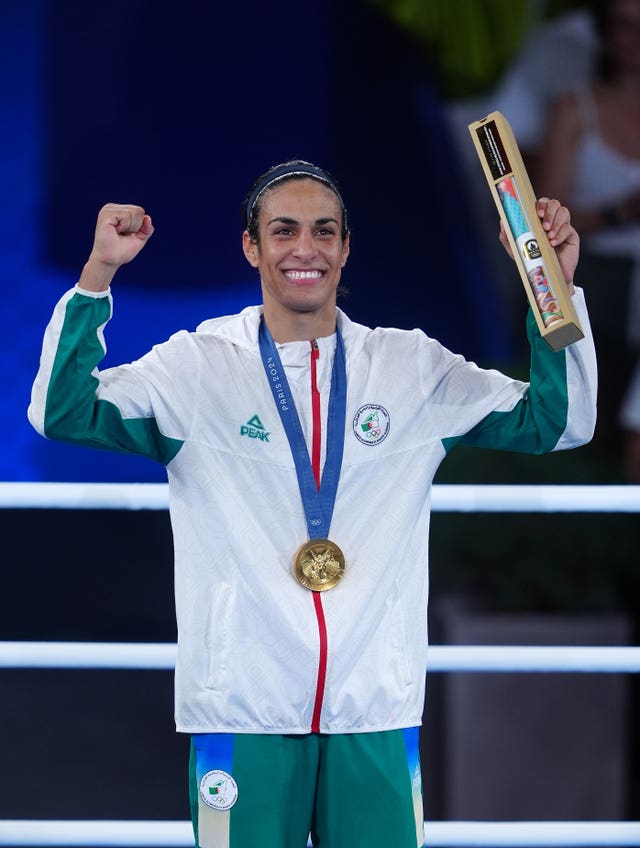 Imane Khelif celebrates after winning an Olympic gold medal in Paris