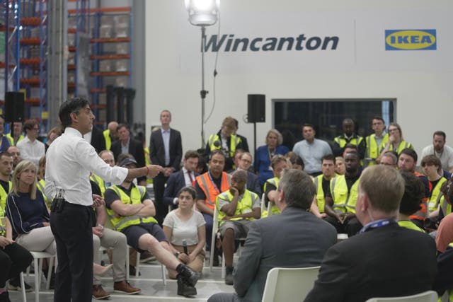 Rishi Sunak speaking at a PM Connect event at the Ikea distribution centre in Dartford, Kent