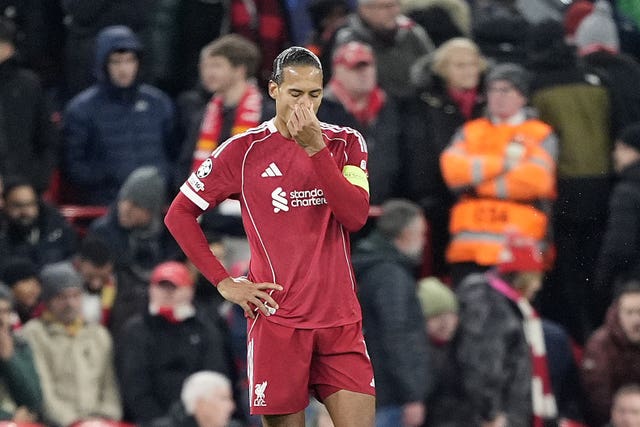 Liverpool captain Virgil van Dijk covers his mouth with his hand