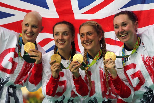 Katie Archibald, right, won Olympic team pursuit gold at Rio 2016 with, from right to left, Joanna Rowsell-Shand, Elinor Barker and Laura Kenny