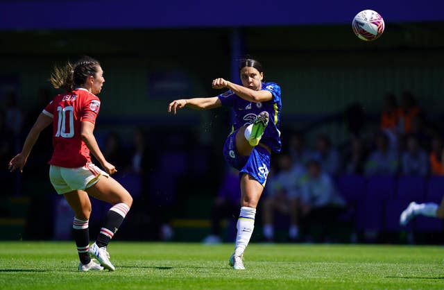 Kerr (right) scores against Manchester United on the final day of the 2021-22 Women's Super League season (Adam Davy/PA)