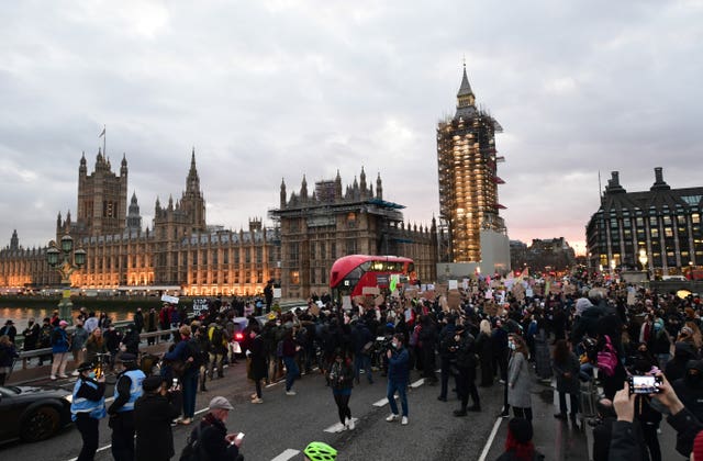 Demonstrators on Westminster Bridge