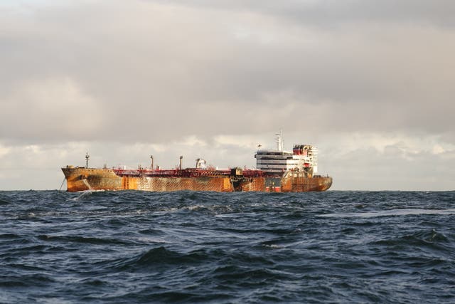 View of the Stena Immaculate oil tanker, with damage visible on the side