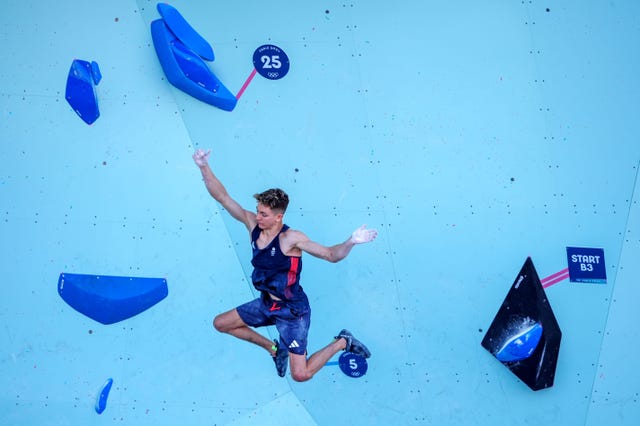 Toby Roberts in action on the climbing wall at the Paris Olympic