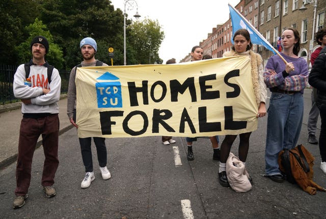 Students take part in a march and rally to highlight the accommodation crisis, at Merrion Square, Dublin, ahead of the budget 