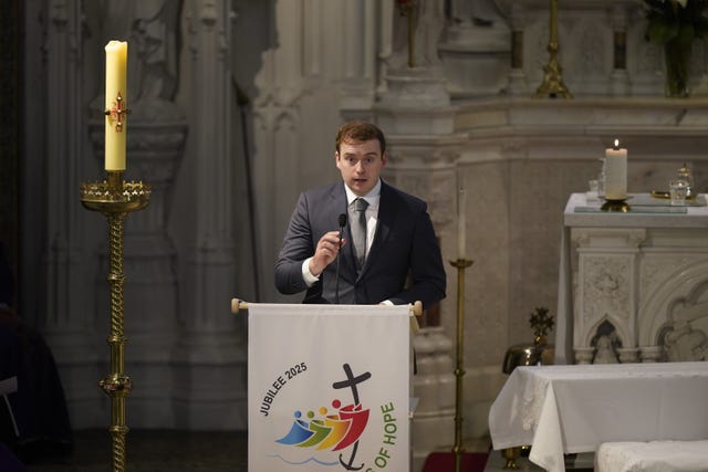 Eoghan Clarke speaking at his funeral of his cousin Michael Gaine at the Holy Cross Church in Kenmare